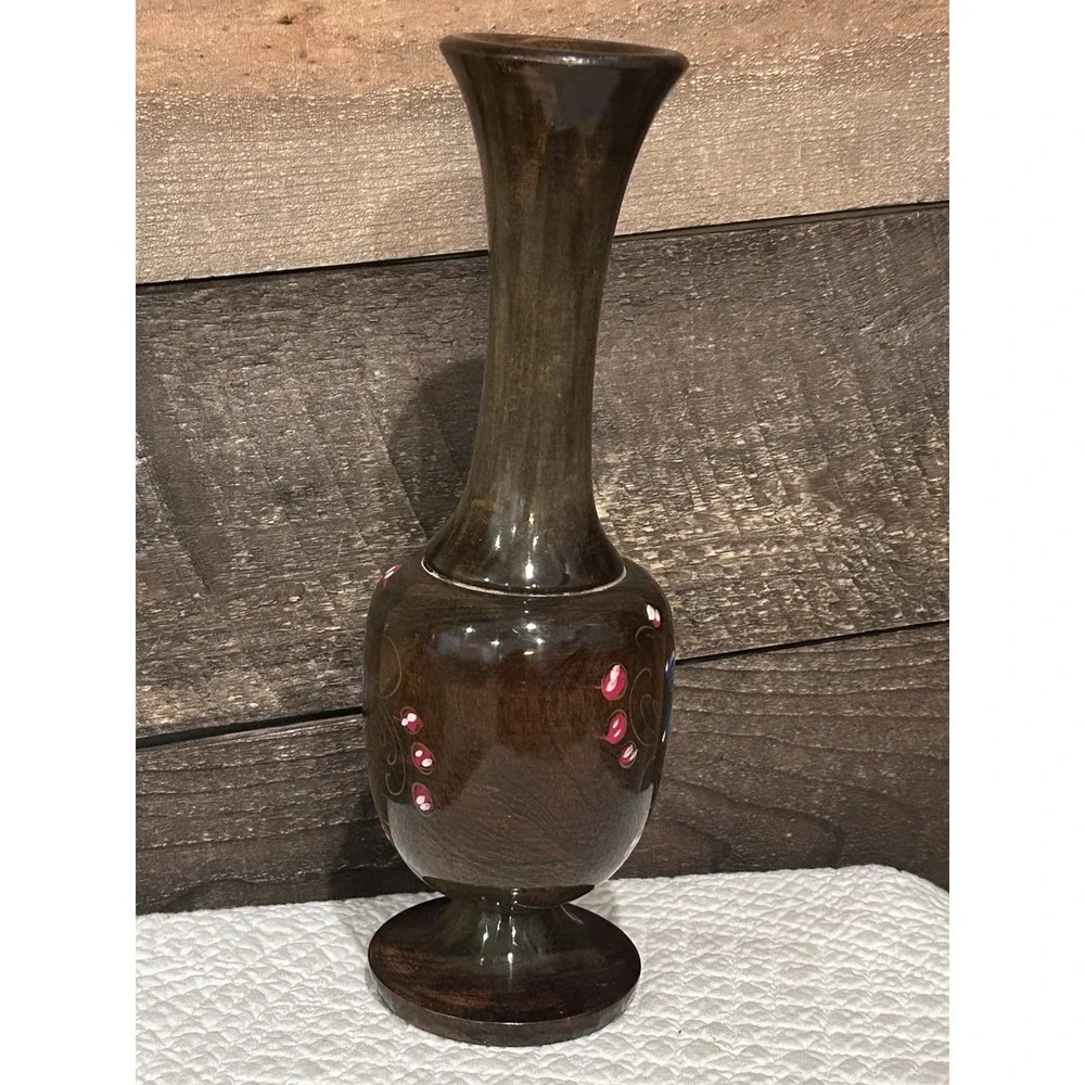 Vintage Handpainted Wood Floral Vase‎ - MCM Multicolor